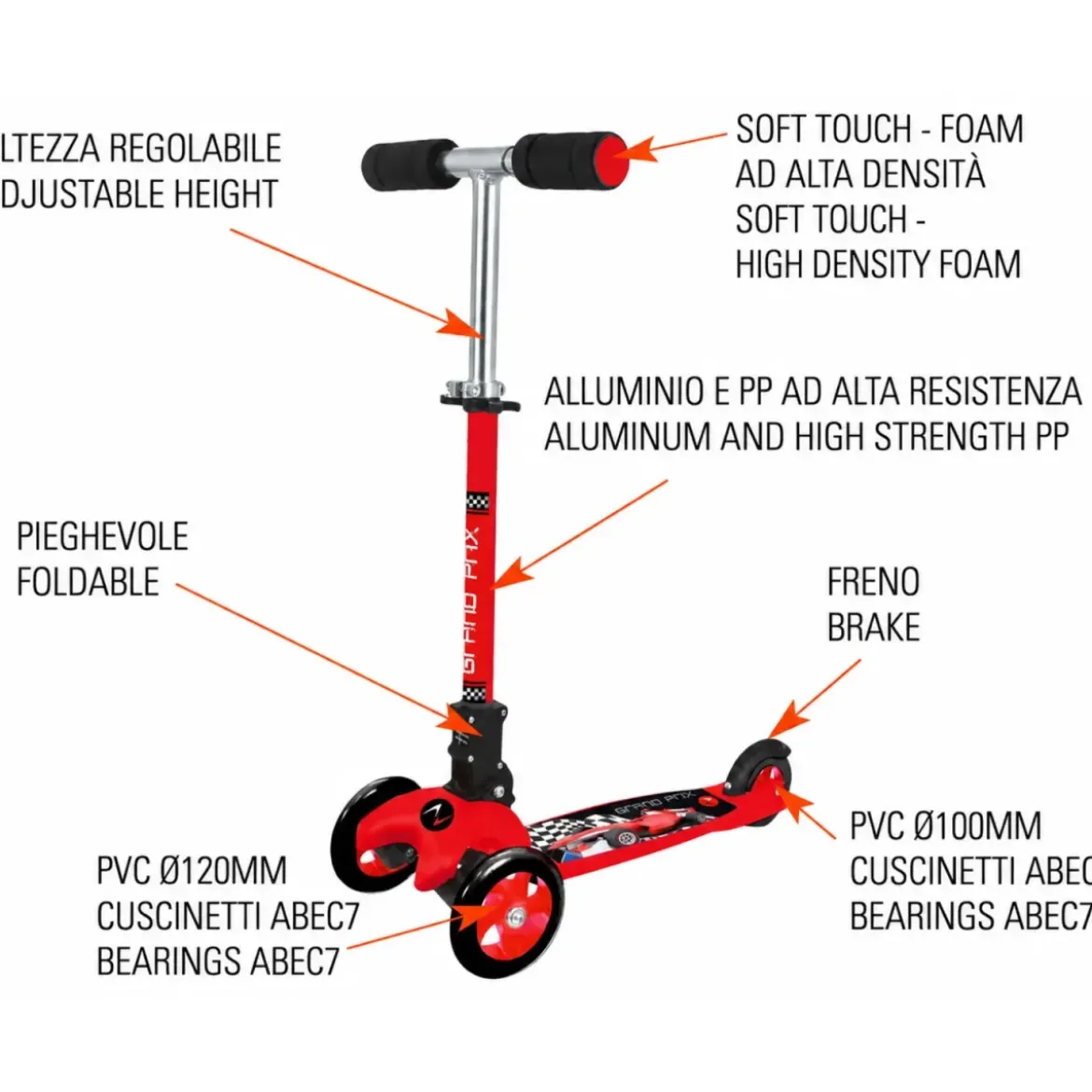 Monopattino a 3 Ruote Bambini Grand Prix Rosso Altezza Regolabile