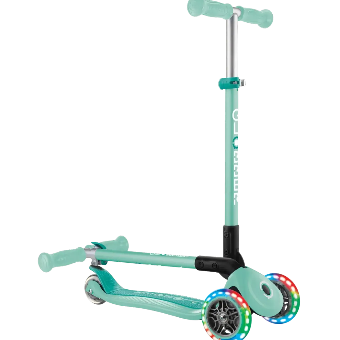 Monopattino a 3 Ruote Bambini Verde Menta Pieghevole Luci LED 50 kg