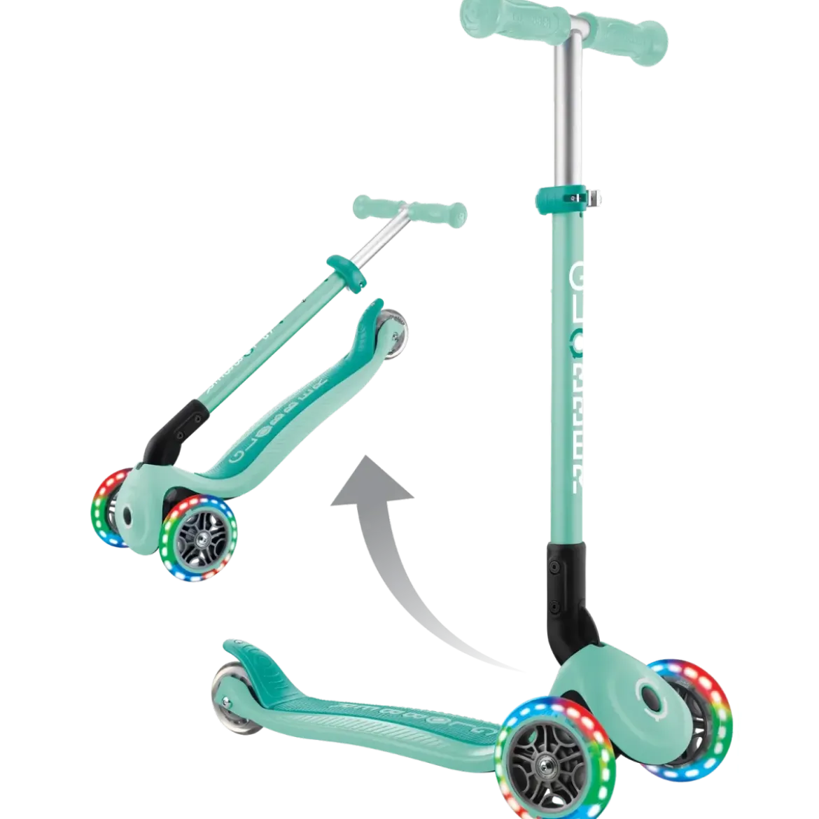 Monopattino a 3 Ruote Bambini Verde Menta Pieghevole Luci LED 50 kg