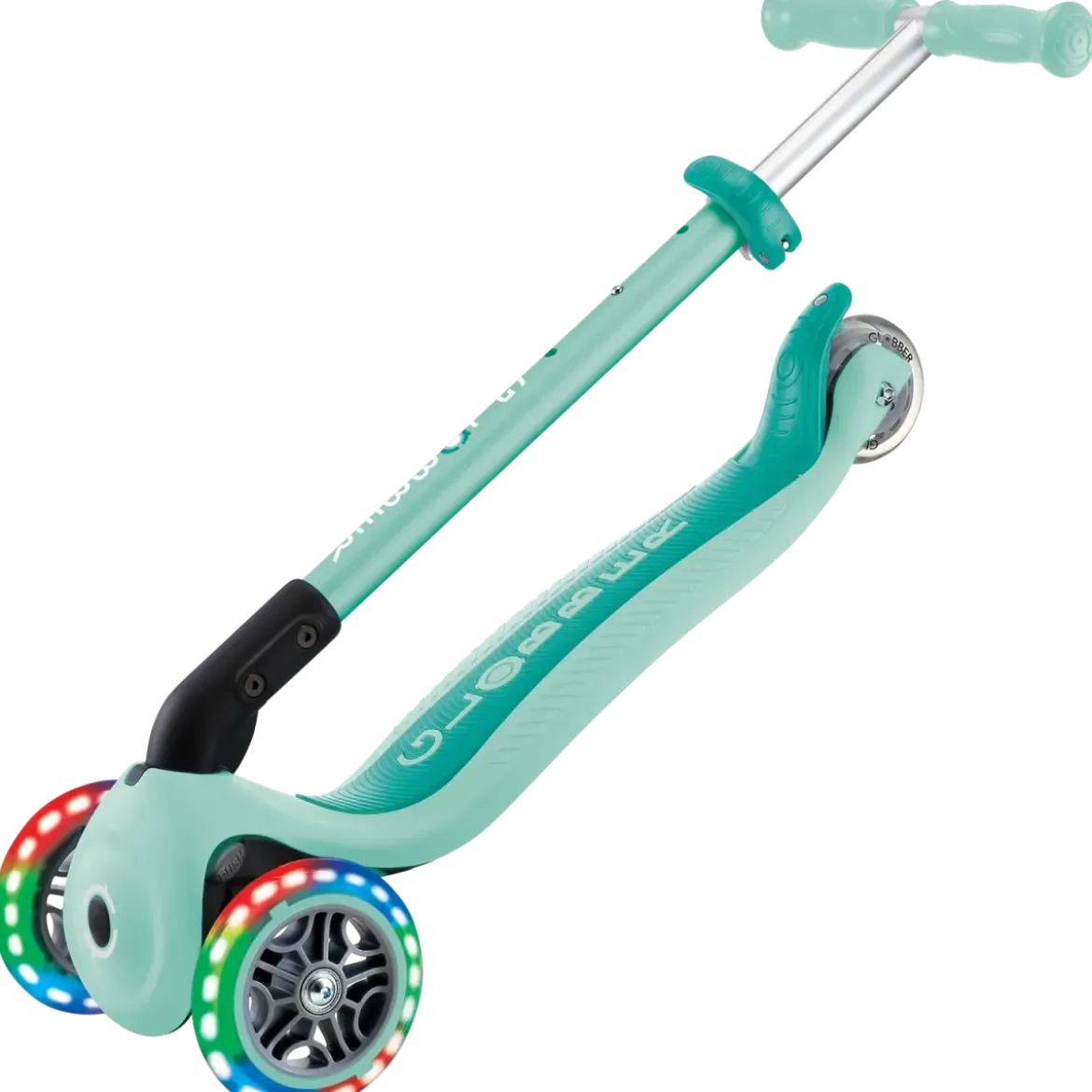 Monopattino a 3 Ruote Bambini Verde Menta Pieghevole Luci LED 50 kg