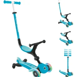 Monopattino Evolutivo 3 in 1 Celeste con Luci LED Sterzo Parentale 360