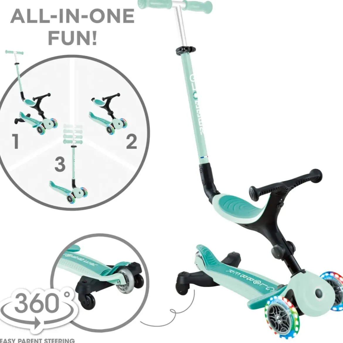 Monopattino Evolutivo 3 in 1 Verde Menta con Luci LED Sterzo 360