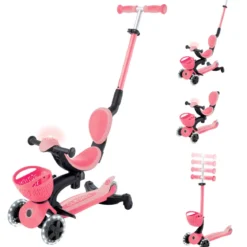Monopattino Evolutivo per Bambini 3 in 1 Rosa con Luci LED 50kg