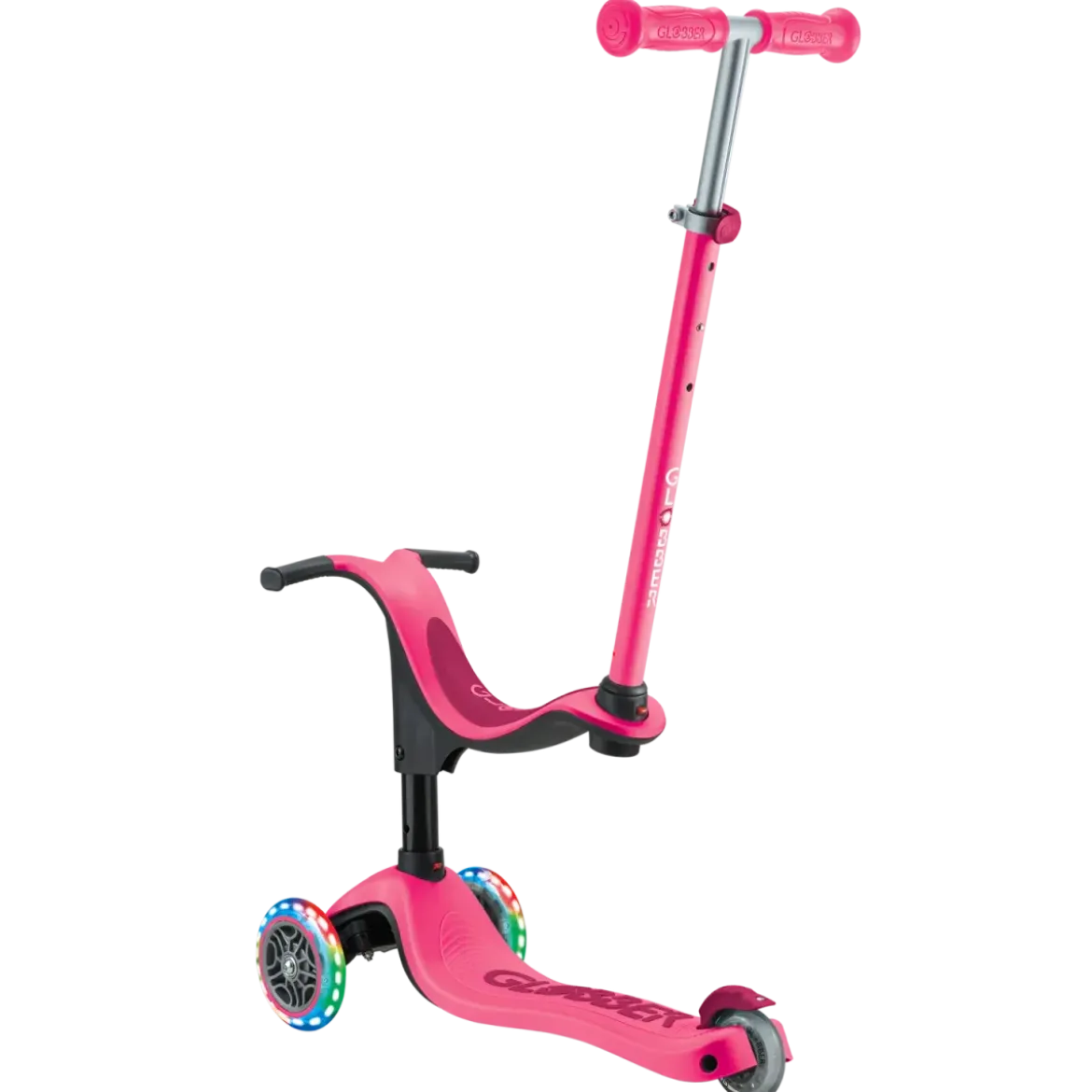 Monopattino per Bambini 3 in 1 Fucsia Regolabile 50 kg con Ruote LED