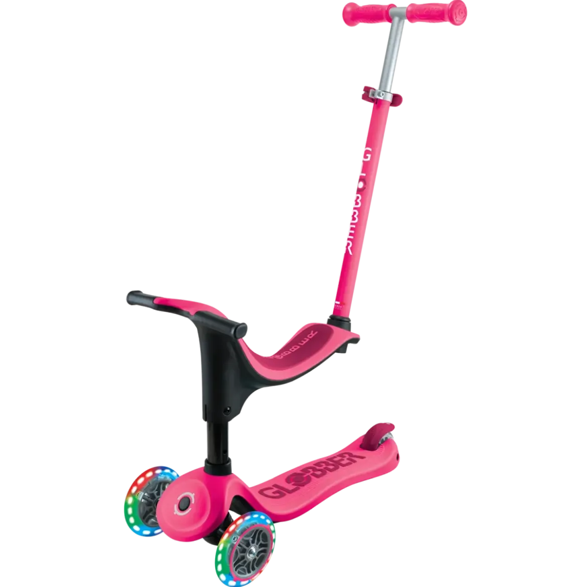 Monopattino per Bambini 3 in 1 Fucsia Regolabile 50 kg con Ruote LED