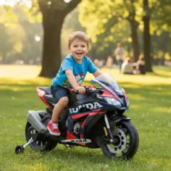 Moto Elettrica per Bambini Honda 12V Blu con Rotelle Laterali Luci LED
