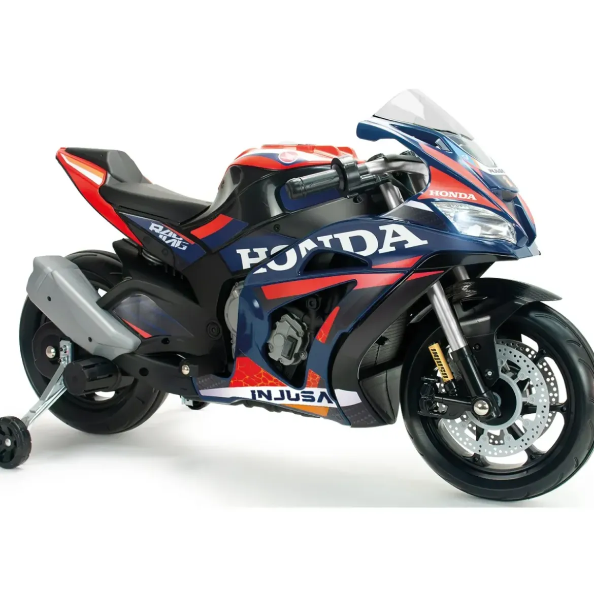 Moto Elettrica per Bambini Honda 12V Blu con Rotelle Laterali Luci LED