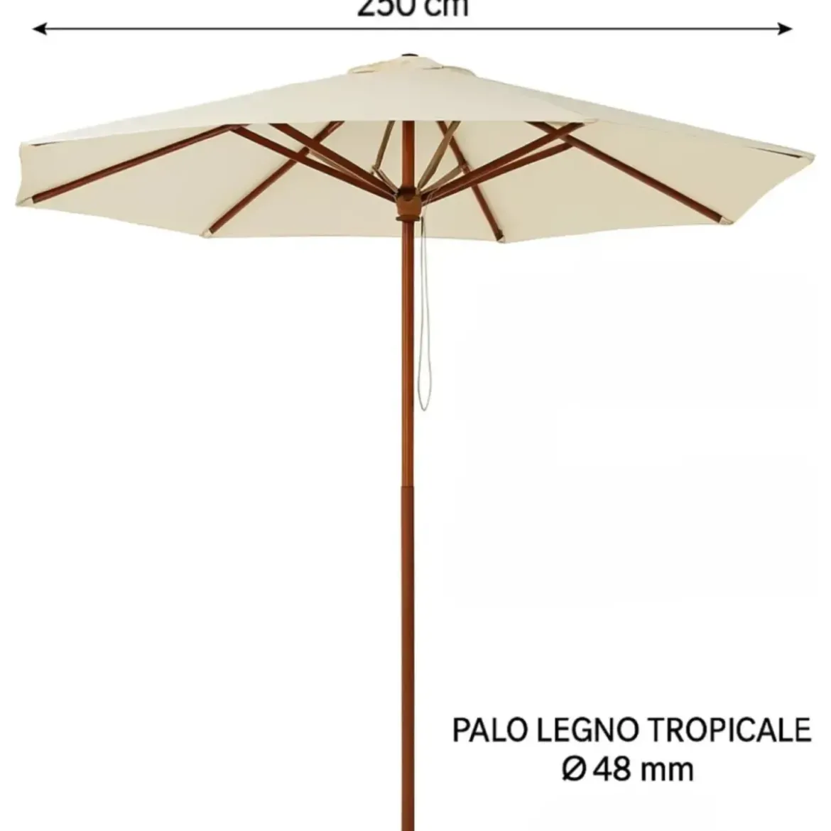 Ombrellone da Giardino Ø250 cm Legno Ecrù Palo 48 mm Professionale
