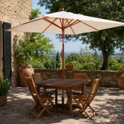 Ombrellone da Giardino 4x3 Metri in Legno Palo Centrale Telo Ecru Professionale