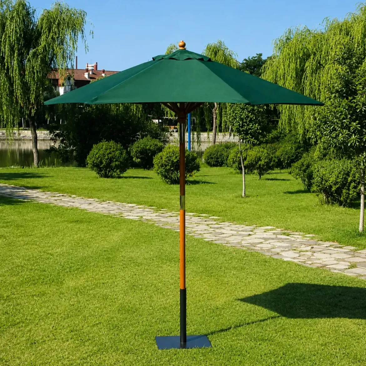Ombrellone in Legno 2.5 mt Rotondo Verde Palo centrale da Giardino Terrazzo
