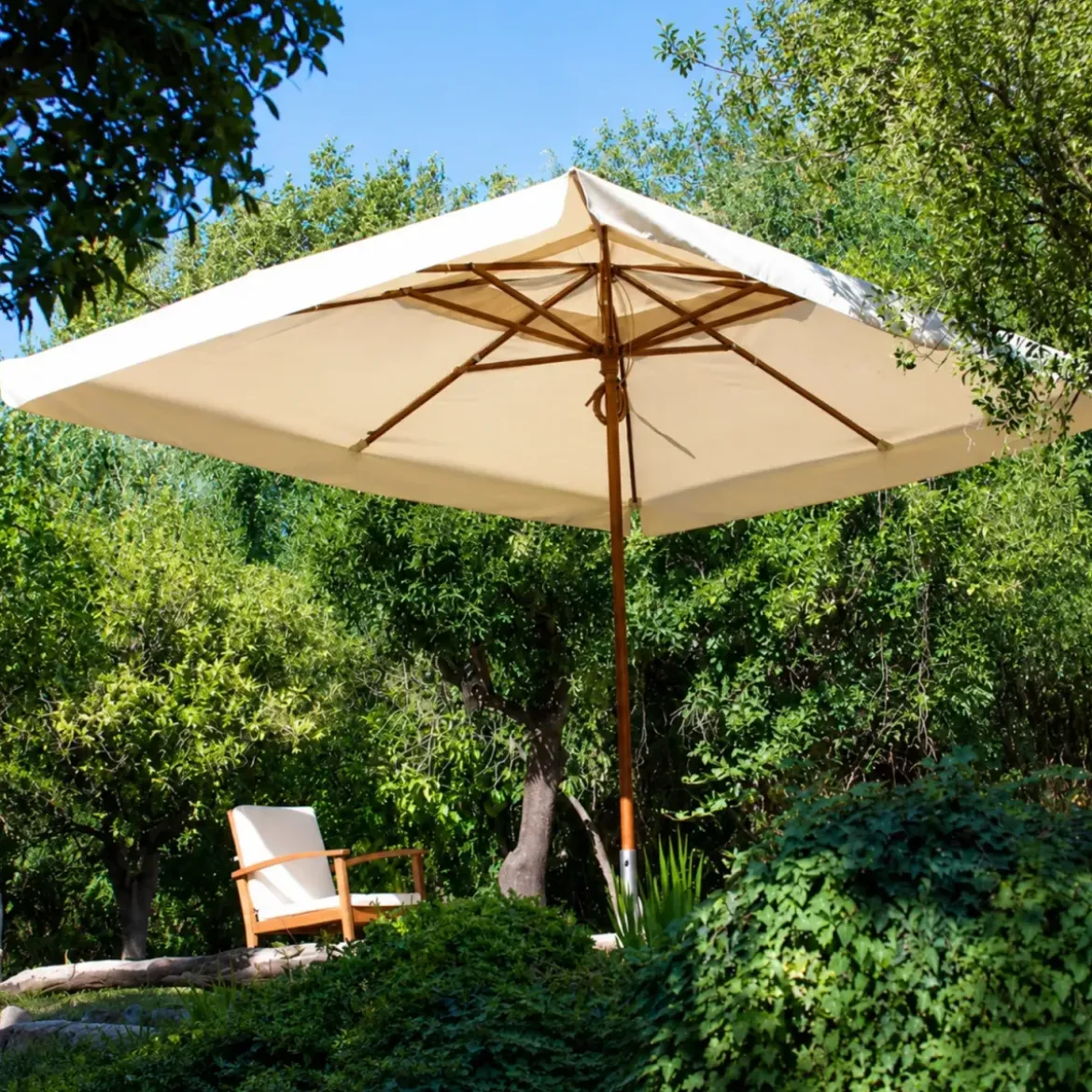 Ombrellone in Legno 3x3 Palo Centrale Telo Ecru Idrorepellente Quadrato Giardino