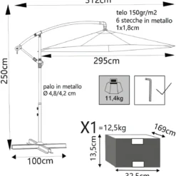 Ombrellone per Giardino 3x3 m Palo Laterale Bianco Antracite