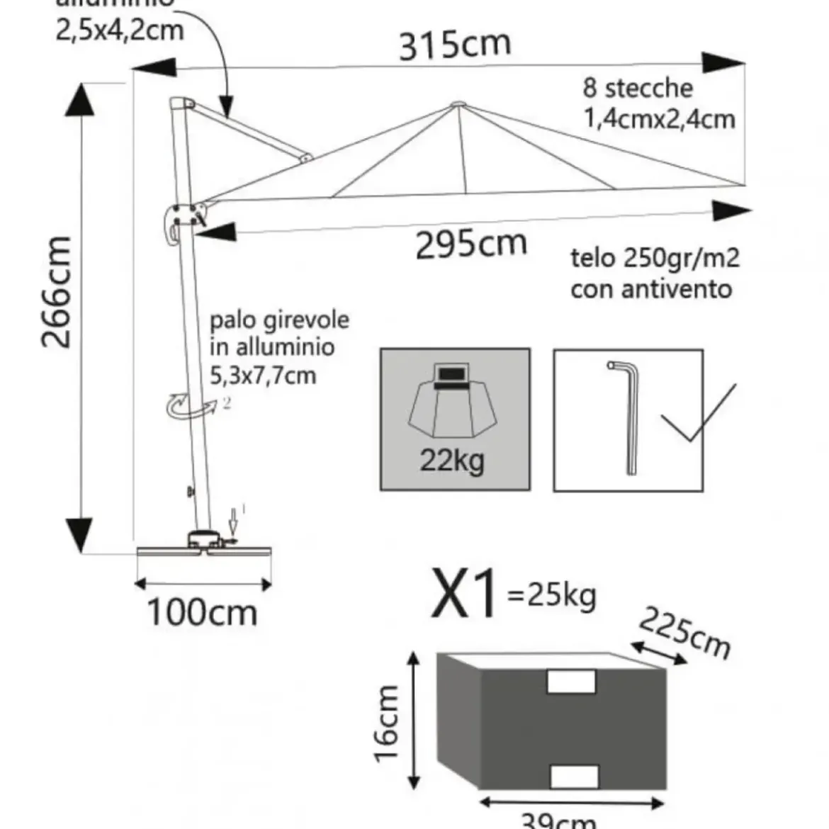 Ombrellone per Giardino 3x3 m Palo Laterale Ecrù Base a Crociera
