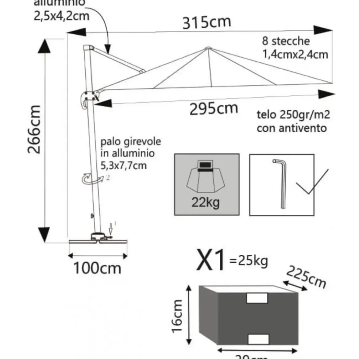 Ombrellone per Giardino 3x3 m Tortora Palo Laterale Girevole Alluminio