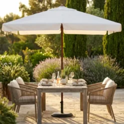 Ombrellone per Giardino 3x4 Palo Centrale Bianco Legno Antivento