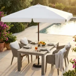 Ombrellone per Giardino 3x4 Palo Centrale Bianco Legno Antivento