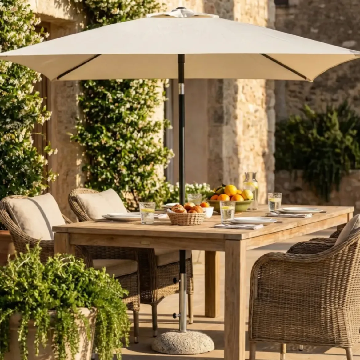 Ombrellone per Giardino 2x2 Quadrato Palo Centrale Ecrù Alluminio