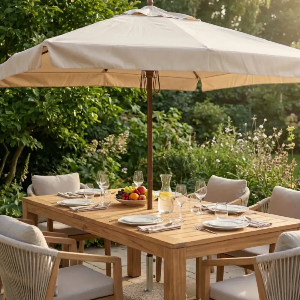 Ombrellone per Giardino 3x3 Quadrato Palo Centrale Bianco Legno