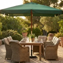 Ombrellone per Giardino 3x4 Rettangolare Palo Centrale Verde Legno