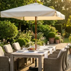 Ombrellone per Giardino 2x3 Rettangolare Palo Centrale Ecrù Legno