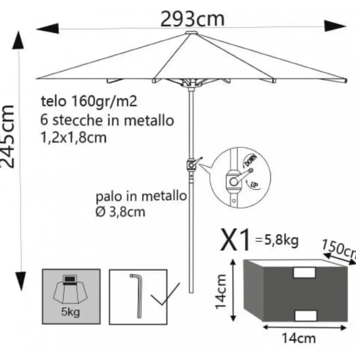 Ombrellone per Giardino 3x3 Rotondo Eco Palo Centrale Bianco Acciaio