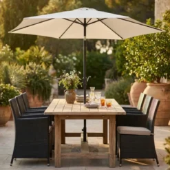 Ombrellone per Giardino 3x3 Rotondo Beige Palo Centrale con Carrucola