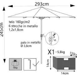 Ombrellone per Giardino 3x3 Rotondo Beige Palo Centrale con Carrucola