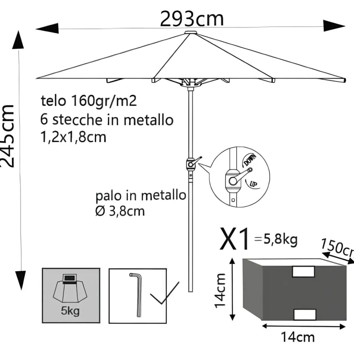 Ombrellone per Giardino 3x3 Rotondo Beige Palo Centrale con Carrucola