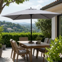 Ombrellone Rotondo Grigio 3 mt Push Up Antivento Tavolo Giardino Palo Centrale