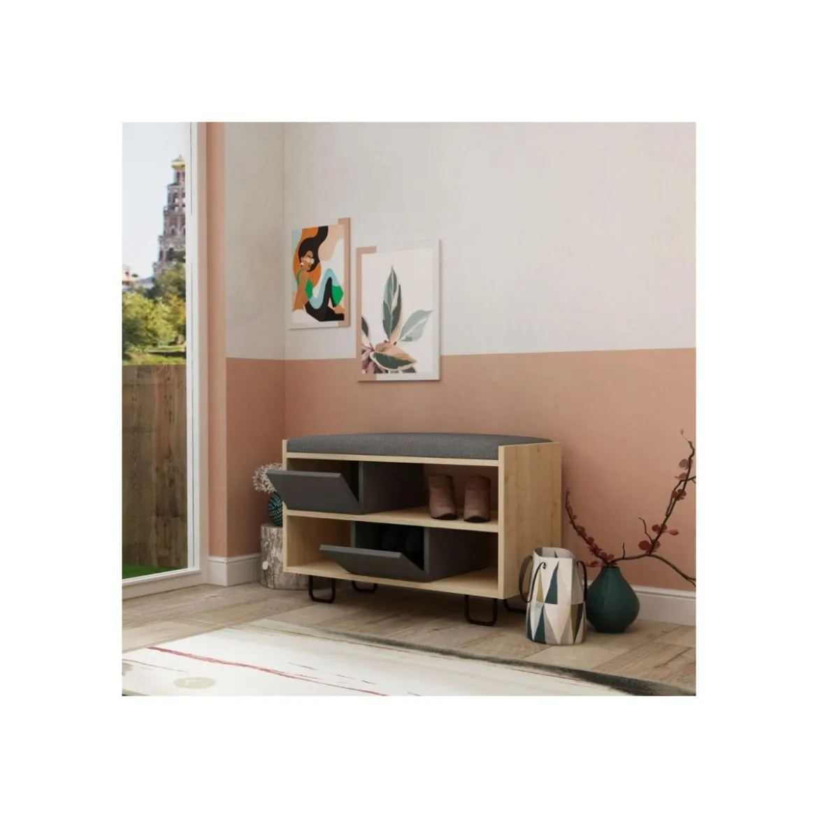 Panca Scarpiera in Legno con Cuscino Imbottito Mobile Ingresso Rovere