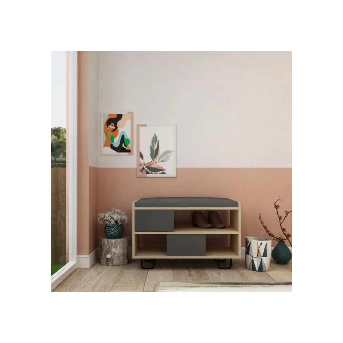 Panca Scarpiera in Legno con Cuscino Imbottito Mobile Ingresso Rovere