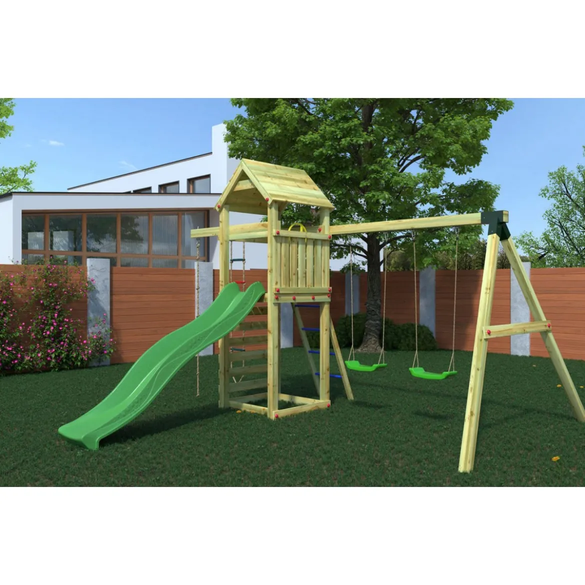Parco Giochi Bimbi da Giardino in Legno Torretta Altalena Scivolo Corda
