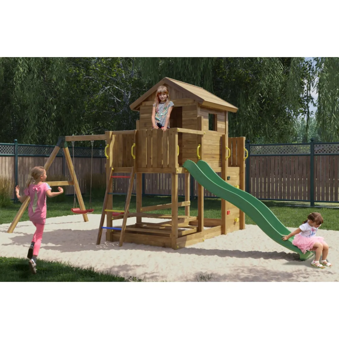Parco Giochi Giardino in Legno per Bimbi con Altalena Scivolo Torretta