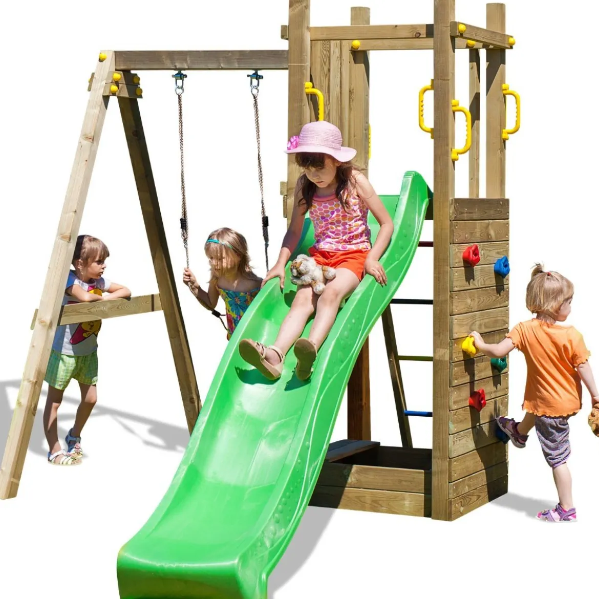 Parco Giochi in Legno con Altalena Arrampicata Scivolo e Sabbiera 290x200x210cm