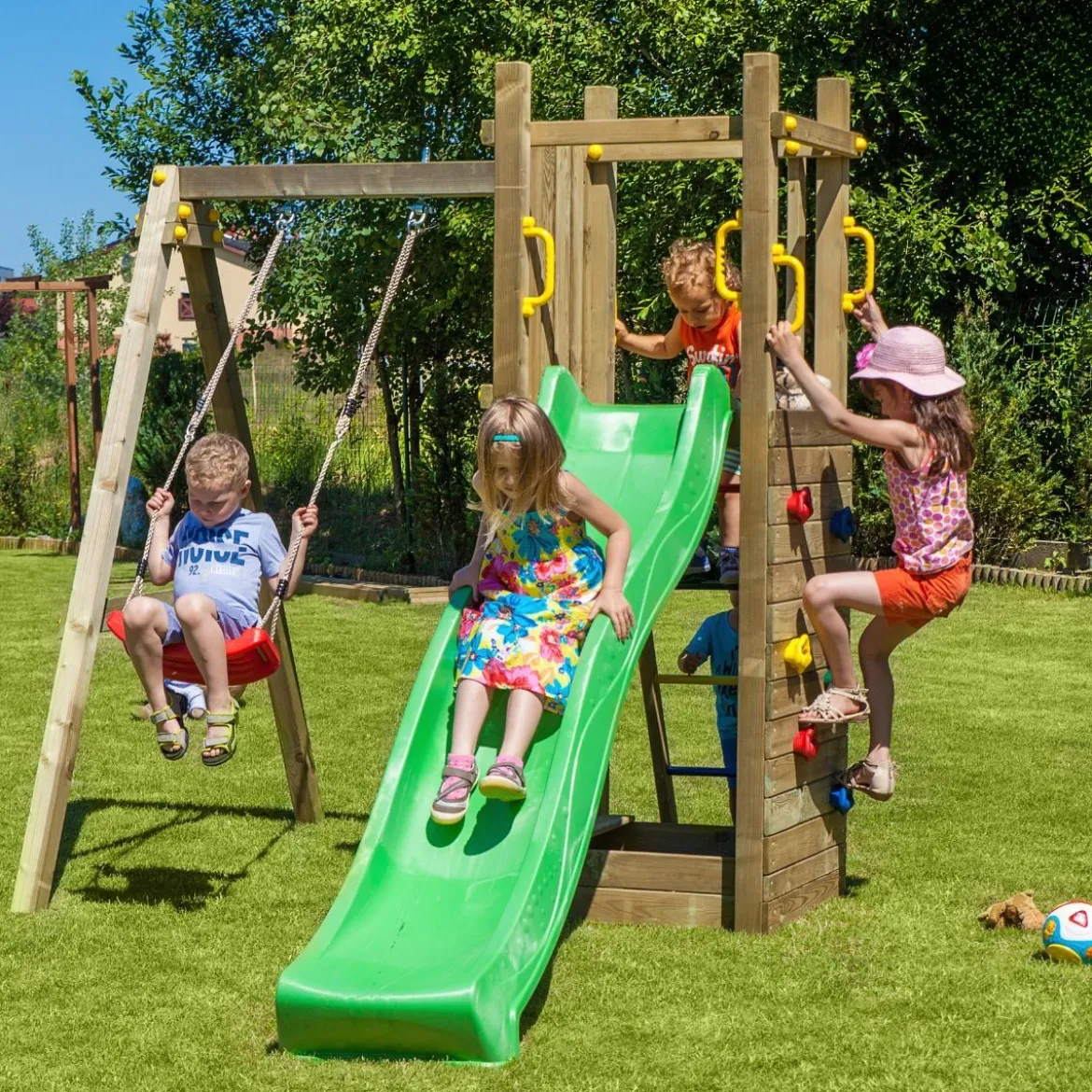 Parco Giochi in Legno con Altalena Arrampicata Scivolo e Sabbiera 290x200x210cm