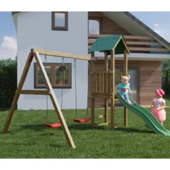 Parco Giochi in Legno con 2 Altalene Scivolo e Sabbiera 310x275x245cm