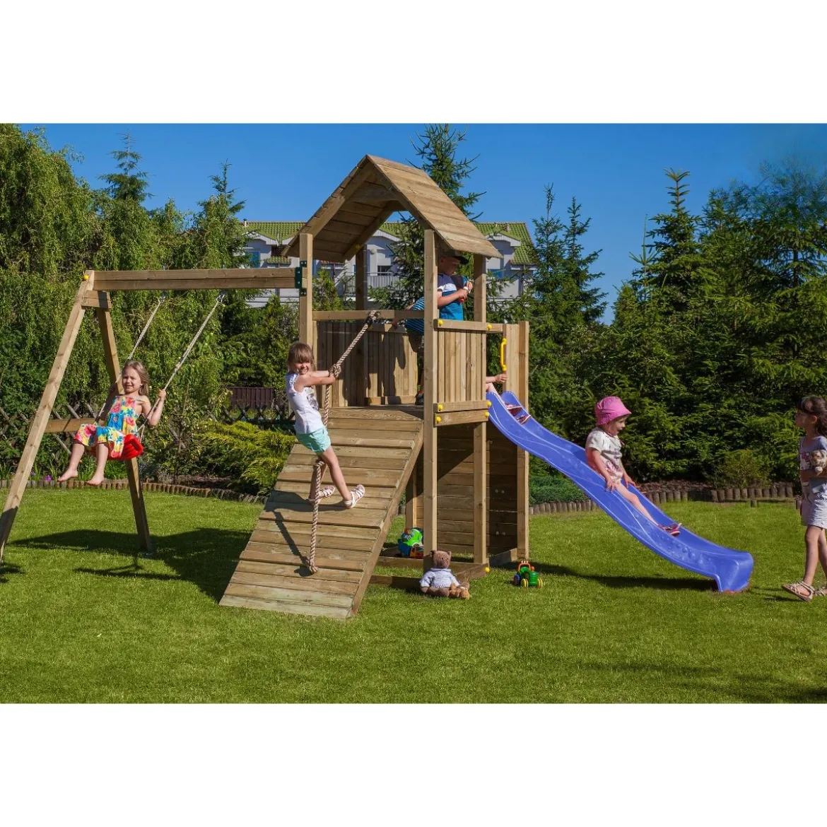 Parco Giochi in Legno con Altalena Scivolo Rampa con Corda Sabbiera 310x460x282 cm