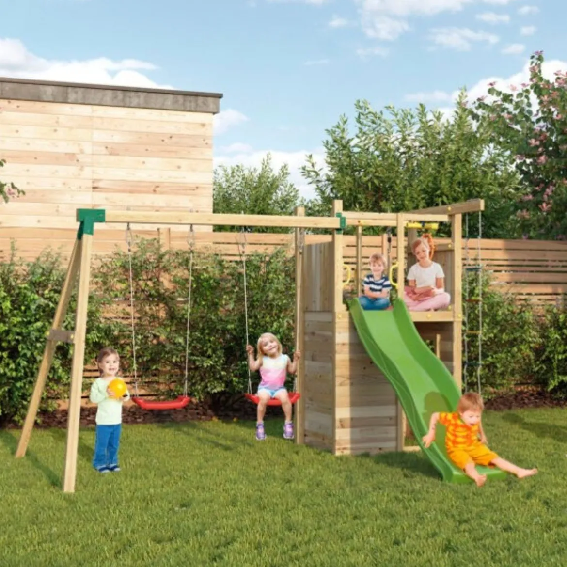Parco Giochi in Legno Pirati Torretta con Altalena Scivolo Corda Arrampicata 310x460x282 cm