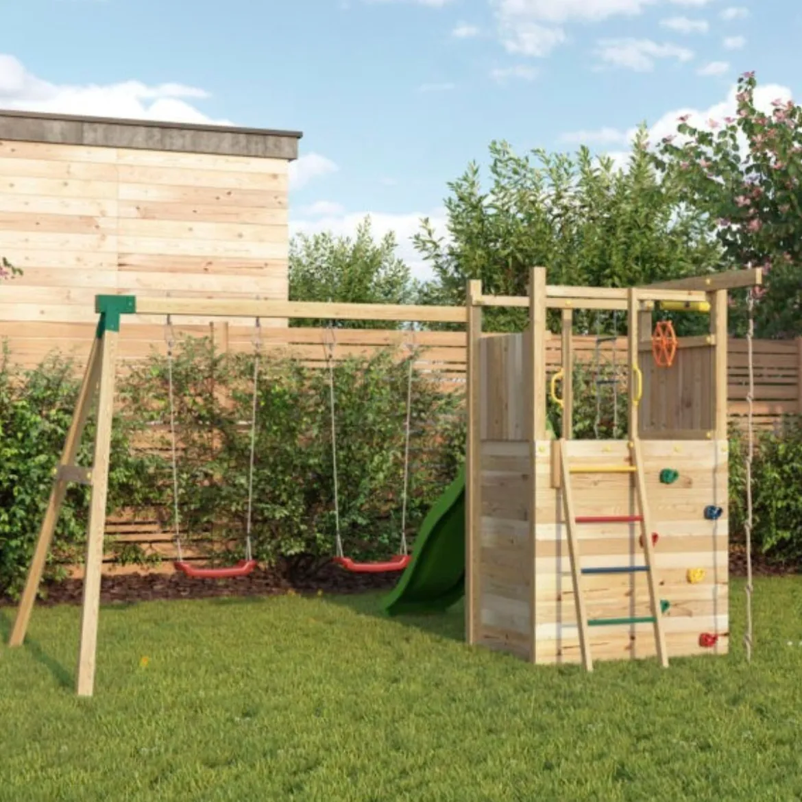 Parco Giochi in Legno Pirati Torretta con Altalena Scivolo Corda Arrampicata 310x460x282 cm