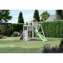 Parco Giochi in Legno Torre Scivolo Altalena Sabbiera Bianco Grigio