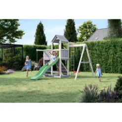 Parco Giochi in Legno Torre Scivolo Altalena Sabbiera Bianco Grigio