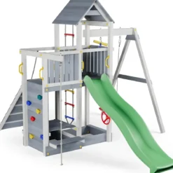 Parco Giochi in Legno Torre Scivolo Altalena Sabbiera Bianco Grigio
