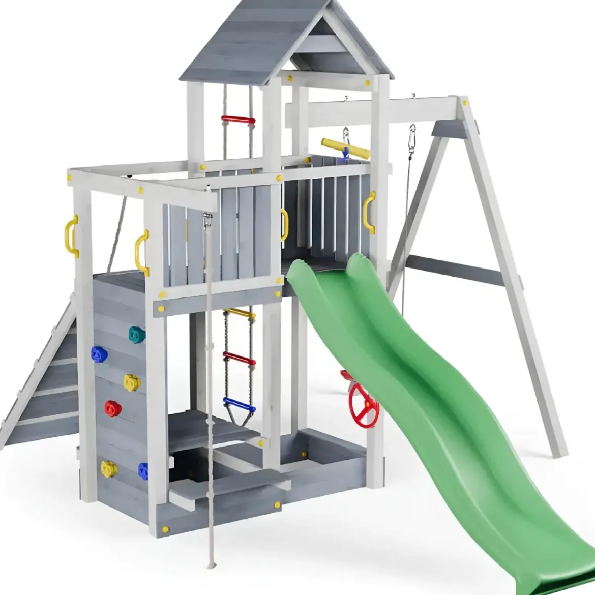 Parco Giochi in Legno Torre Scivolo Altalena Sabbiera Bianco Grigio