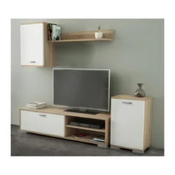 Parete Attrezzata Bianco Rovere Mobile TV Soggiorno Pensile Sospeso Mensola Ante