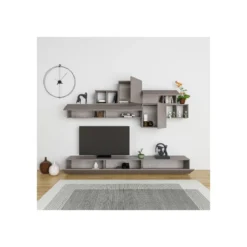 Parete Attrezzata in Legno Tortora 260 cm Mobile TV con vani a giorno e ante