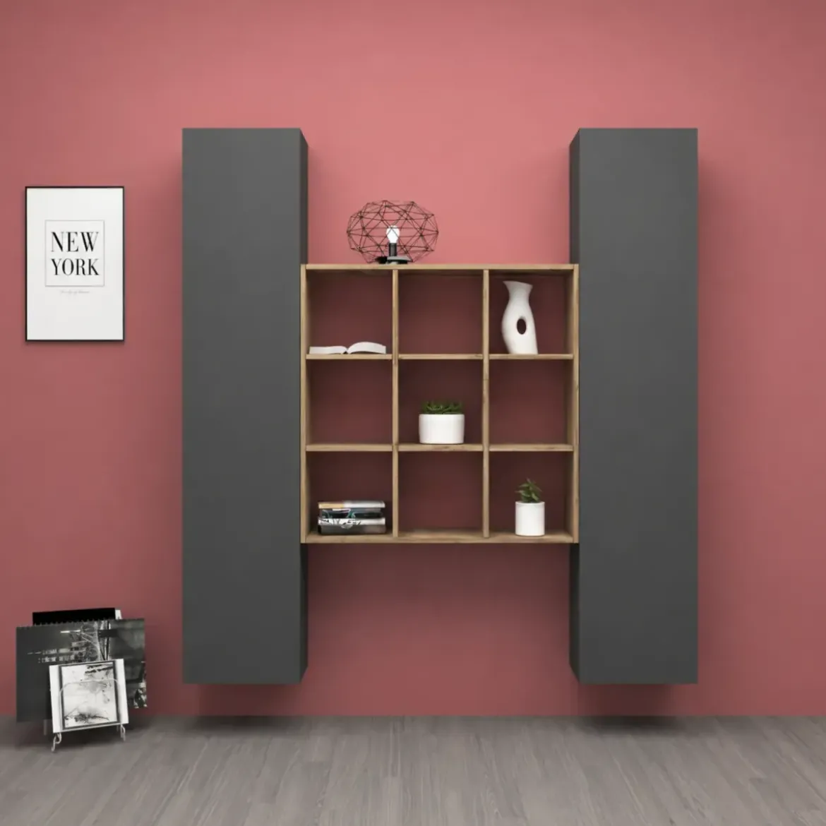 Parete Attrezzata Libreria per Soggiorno Antracite Opaco Rovere 170 cm