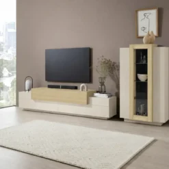 Parete Attrezzata Soggiorno 280 cm Porta TV Vetrina Legno Beige Rovere