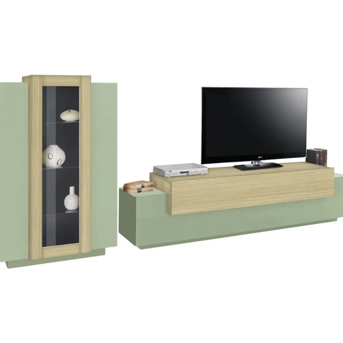 Parete Attrezzata Soggiorno 280 cm Verde Salvia Rovere Porta TV Vetrina