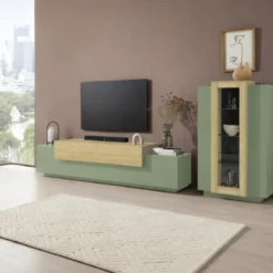 Parete Attrezzata Soggiorno 280 cm Verde Salvia Rovere Porta TV Vetrina
