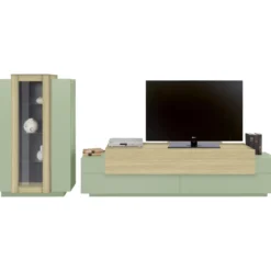 Parete Attrezzata Soggiorno 280 cm Verde Salvia Rovere Porta TV Vetrina